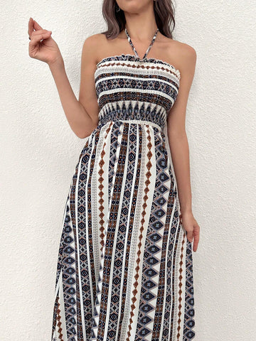 Women Long Sleeve Solid Color Open Front Kimono And Geometric Print Halter Wide Leg Jumpsuit 2 Piece Set