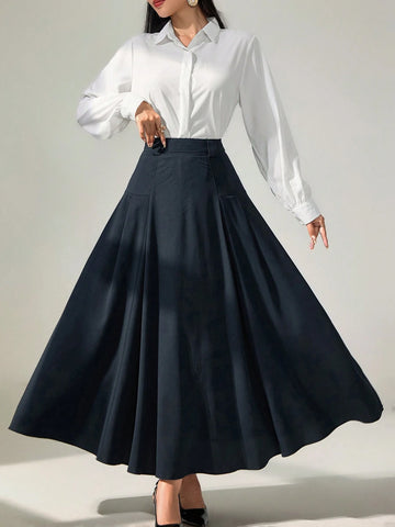 Modely Women Long Solid Color Pleated Elegant Office Skirt