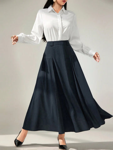 Modely Women Long Solid Color Pleated Elegant Office Skirt