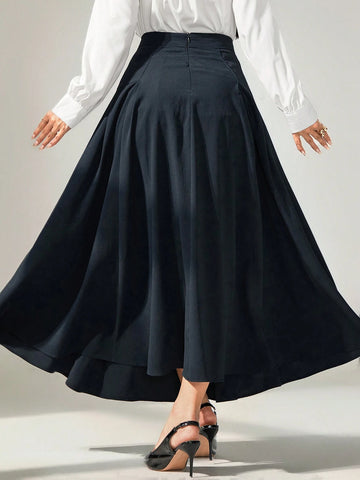 Modely Women Long Solid Color Pleated Elegant Office Skirt