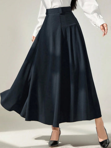 Modely Women Long Solid Color Pleated Elegant Office Skirt