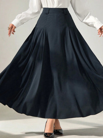 Modely Women Long Solid Color Pleated Elegant Office Skirt