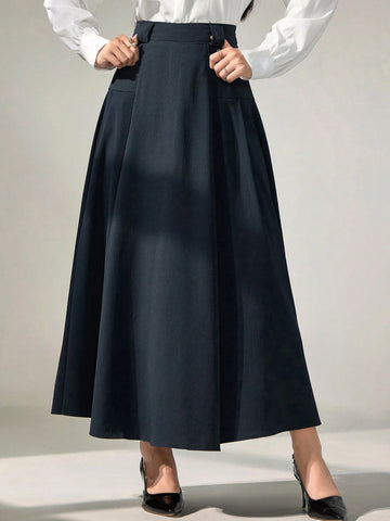 Modely Women Long Solid Color Pleated Elegant Office Skirt