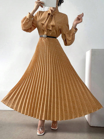 Women Polka Dot Printed Lantern Sleeve Dress With Ribbon Tie And Pleated Hem, Spring/Summer