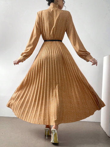 Women Polka Dot Printed Lantern Sleeve Dress With Ribbon Tie And Pleated Hem, Spring/Summer
