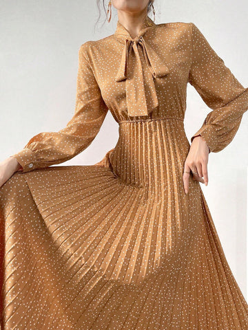 Women Polka Dot Printed Lantern Sleeve Dress With Ribbon Tie And Pleated Hem, Spring/Summer