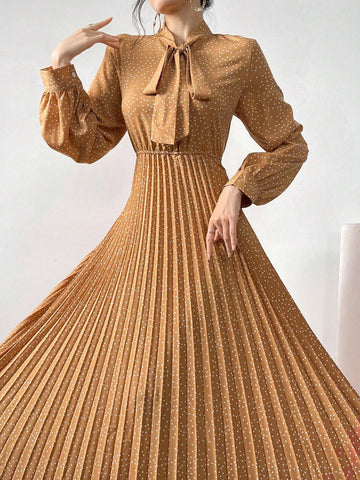 Women Polka Dot Printed Lantern Sleeve Dress With Ribbon Tie And Pleated Hem, Spring/Summer