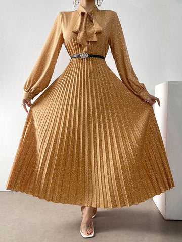 Women Polka Dot Printed Lantern Sleeve Dress With Ribbon Tie And Pleated Hem, Spring/Summer