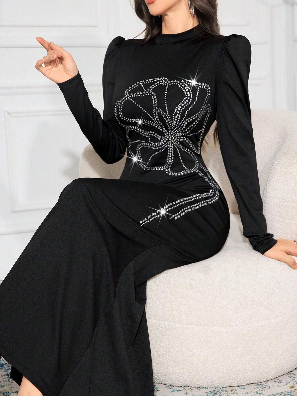 Women Rhinestud Color Block Stand Collar Elegant Long Sleeve Dress