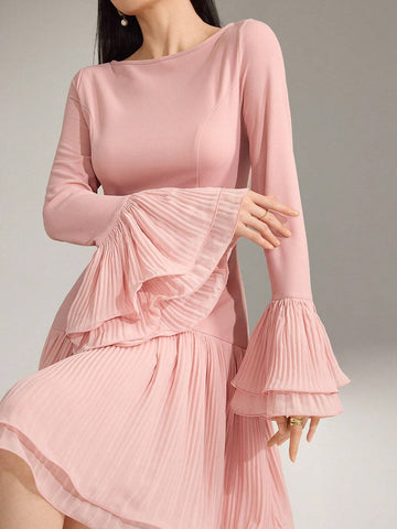 Women Round Neck Solid Color Pleated Flared Sleeve Elegant Short Dress