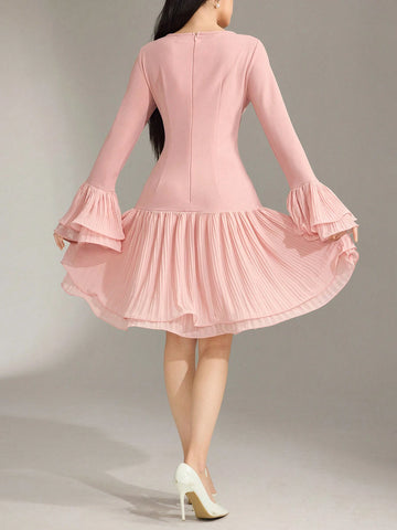 Women Round Neck Solid Color Pleated Flared Sleeve Elegant Short Dress