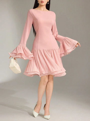 Women Round Neck Solid Color Pleated Flared Sleeve Elegant Short Dress