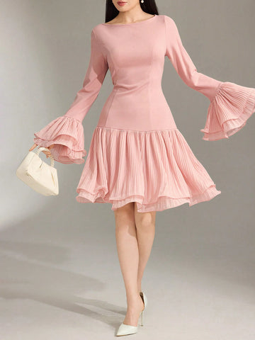 Women Round Neck Solid Color Pleated Flared Sleeve Elegant Short Dress