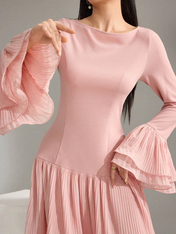 Women Round Neck Solid Color Pleated Flared Sleeve Elegant Short Dress