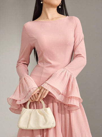 Women Round Neck Solid Color Pleated Flared Sleeve Elegant Short Dress