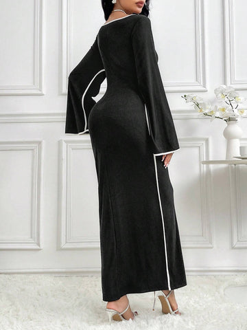 Women Ruffle Collar Flare Sleeve Fitted Dress
