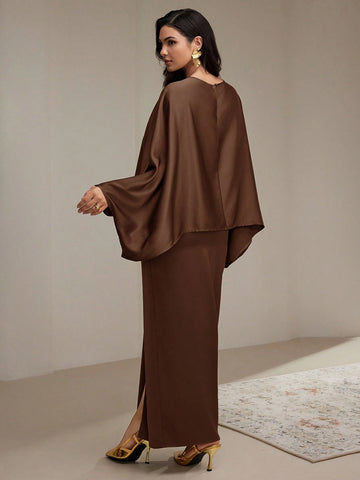 Women 2pcs/Set Solid Color Round Neck Long Sleeve Top And Skirt