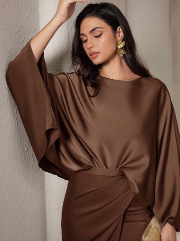 Women 2pcs/Set Solid Color Round Neck Long Sleeve Top And Skirt