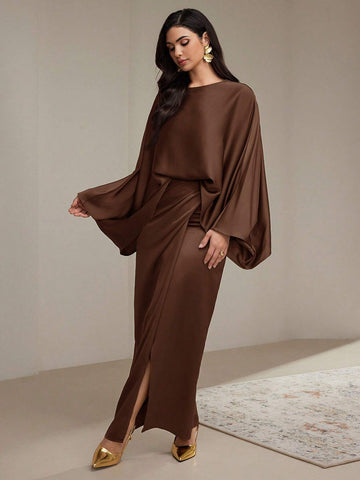 Women 2pcs/Set Solid Color Round Neck Long Sleeve Top And Skirt