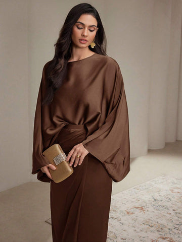 Women 2pcs/Set Solid Color Round Neck Long Sleeve Top And Skirt