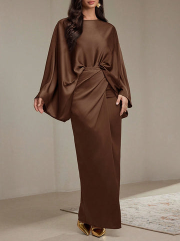 Women 2pcs/Set Solid Color Round Neck Long Sleeve Top And Skirt