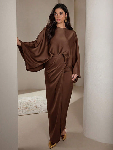 Women 2pcs/Set Solid Color Round Neck Long Sleeve Top And Skirt