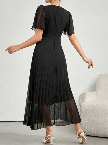 Women Solid Color Front Button Mesh Patchwork Simple Long Casual Dress