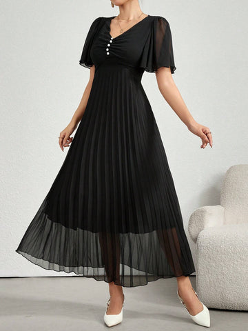 Women Solid Color Front Button Mesh Patchwork Simple Long Casual Dress