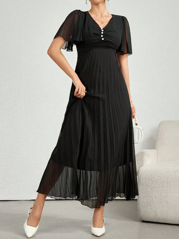 Women Solid Color Front Button Mesh Patchwork Simple Long Casual Dress