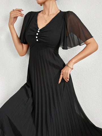 Women Solid Color Front Button Mesh Patchwork Simple Long Casual Dress