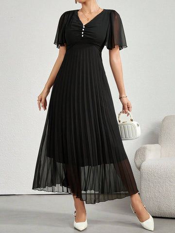Women Solid Color Front Button Mesh Patchwork Simple Long Casual Dress