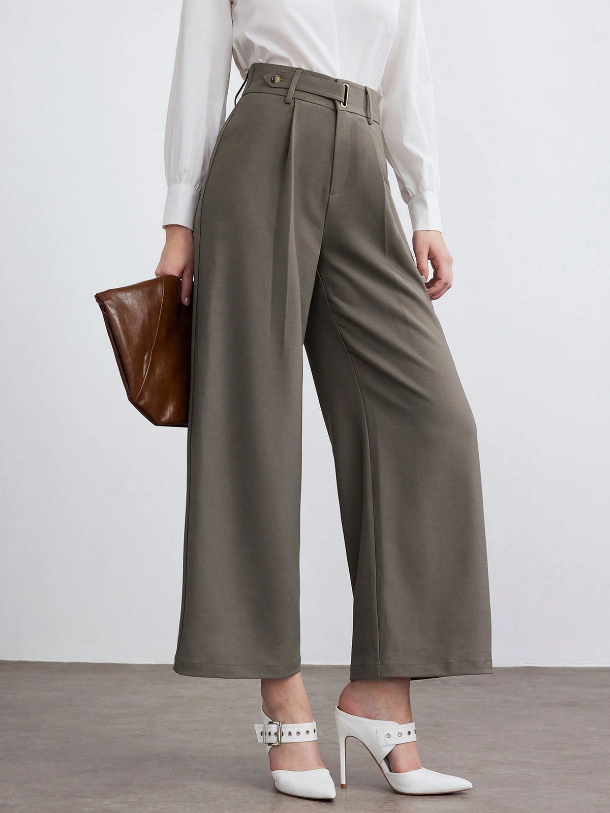 Modely Women Solid Color Pleated Straight Leg Relaxed Casual Pants For Office Work