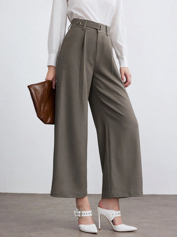 Modely Women Solid Color Pleated Straight Leg Relaxed Casual Pants For Office Work