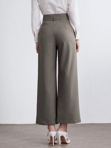 Modely Women Solid Color Pleated Straight Leg Relaxed Casual Pants For Office Work