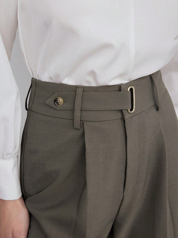 Modely Women Solid Color Pleated Straight Leg Relaxed Casual Pants For Office Work