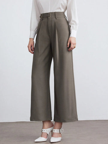 Modely Women Solid Color Pleated Straight Leg Relaxed Casual Pants For Office Work