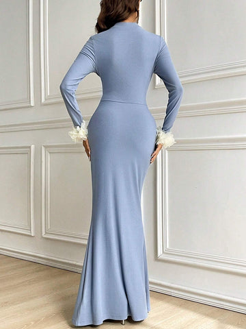 Women Solid Color Round Neck Tight-Fitting Elegant Mermaid Dress, Long Sleeve