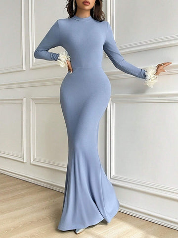 Women Solid Color Round Neck Tight-Fitting Elegant Mermaid Dress, Long Sleeve