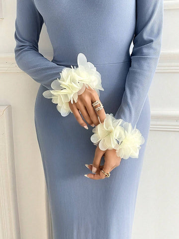 Women Solid Color Round Neck Tight-Fitting Elegant Mermaid Dress, Long Sleeve