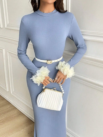 Women Solid Color Round Neck Tight-Fitting Elegant Mermaid Dress, Long Sleeve