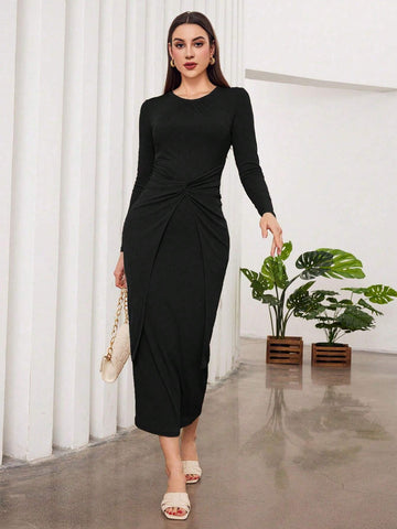 Women Solid Color Twist Wrap Slim Fit Long Sleeve Dress, Spring