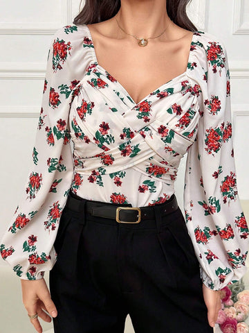 Modely Women Spring/Summer Casual Small Floral Shirt With Sweetheart Collar And Lantern Sleeves