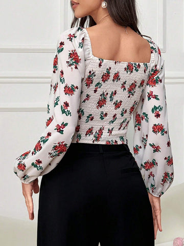 Modely Women Spring/Summer Casual Small Floral Shirt With Sweetheart Collar And Lantern Sleeves