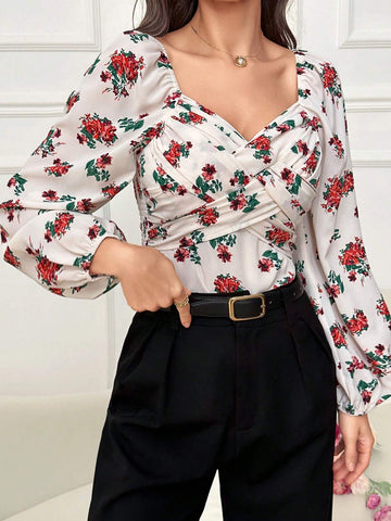 Modely Women Spring/Summer Casual Small Floral Shirt With Sweetheart Collar And Lantern Sleeves