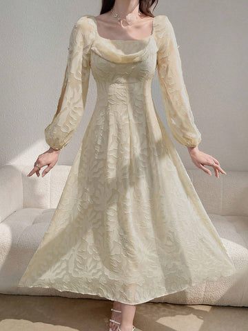 Women Spring/Summer Elegant Long Flower Pattern Lantern Sleeve Dress