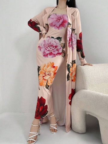 Women Spring/Summer Floral Print Collarless Long Sleeve Open Front Jacket And Cami Dress, Simple And Elegant Two-Piece Set