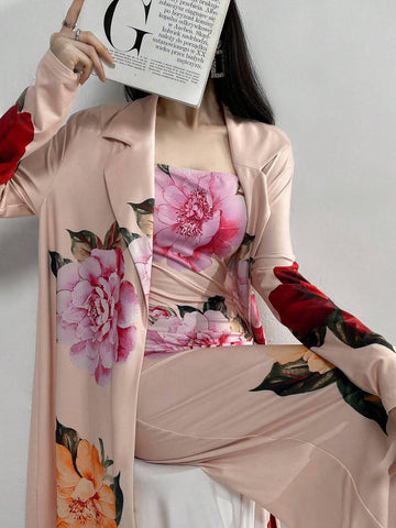 Women Spring/Summer Floral Print Collarless Long Sleeve Open Front Jacket And Cami Dress, Simple And Elegant Two-Piece Set