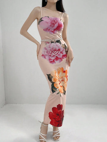 Women Spring/Summer Floral Print Collarless Long Sleeve Open Front Jacket And Cami Dress, Simple And Elegant Two-Piece Set