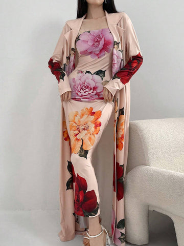 Women Spring/Summer Floral Print Collarless Long Sleeve Open Front Jacket And Cami Dress, Simple And Elegant Two-Piece Set