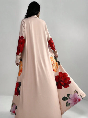 Women Spring/Summer Floral Print Collarless Long Sleeve Open Front Jacket And Cami Dress, Simple And Elegant Two-Piece Set